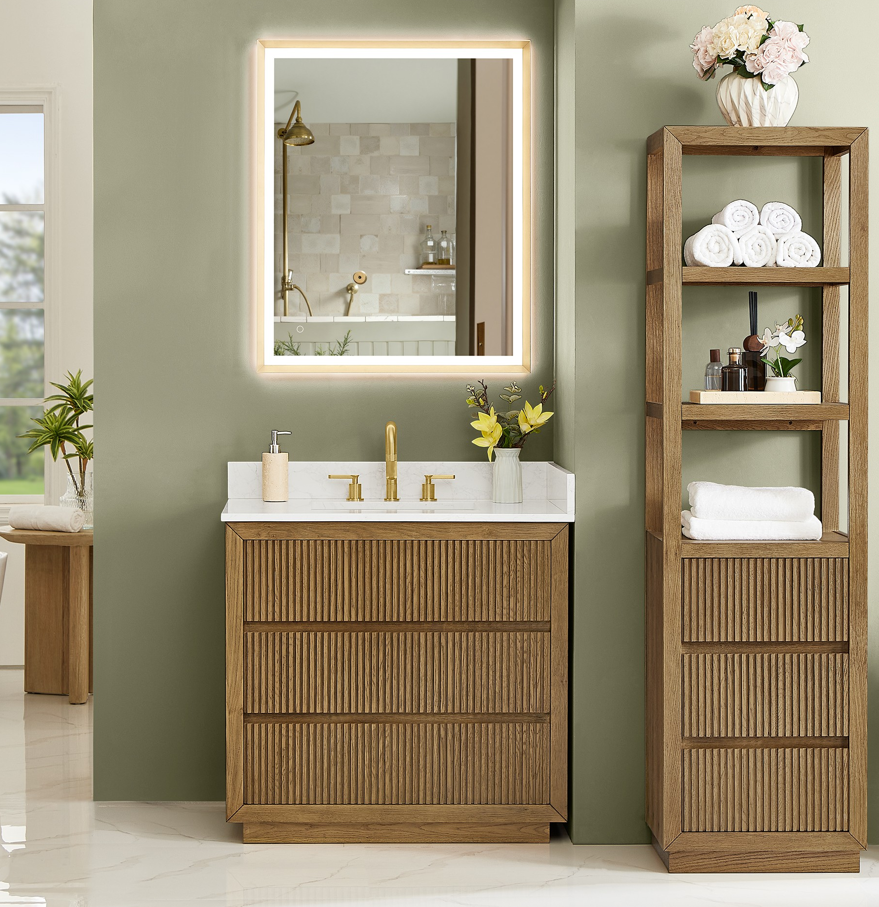 Issac Edwards Collection 36" Single Bathroom Vanity in Weathered Brown with Grain White Stone Countertop, Mirror Option and Linen Cabinet Option