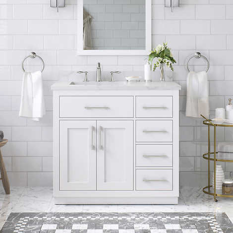 Issac Edwards Collection 36" Single Bathroom Vanity in White Finish with White Engineered Stone Countertop