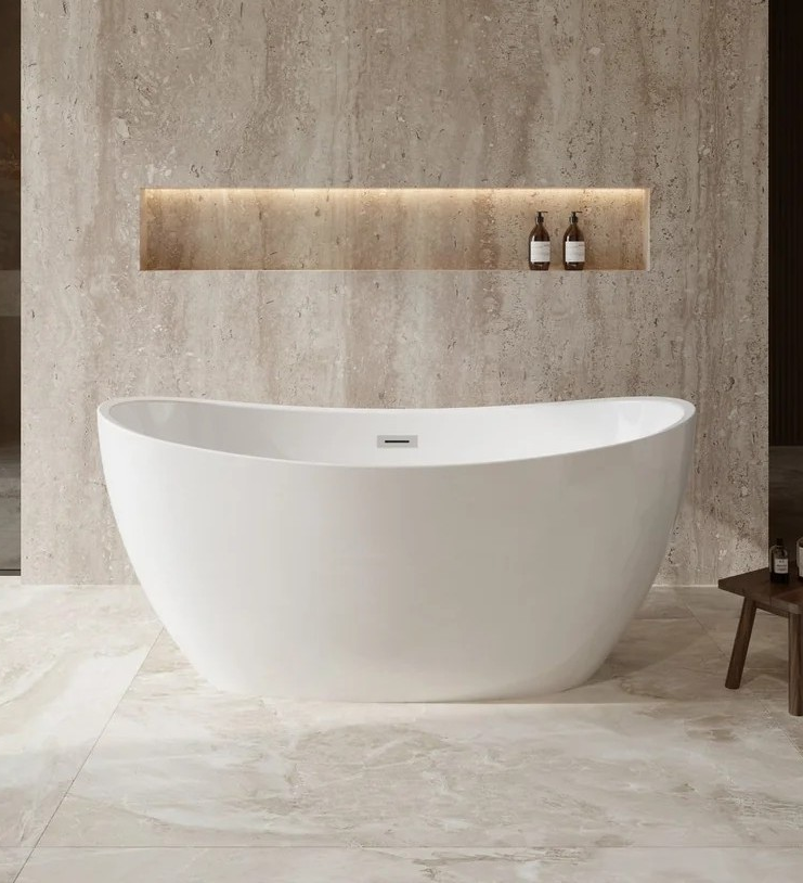 Modern Fitting 60 Inch Freestanding Bathtub in White with Floor Mounted Faucet, Drain and Overflow Trim Options and Hardware Options