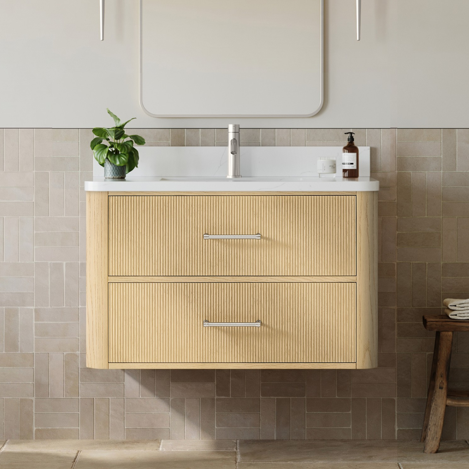 36" Single Wall Mounted Bathroom Vanity in Scandinavian Oak, with Countertop Options and Hardware Option