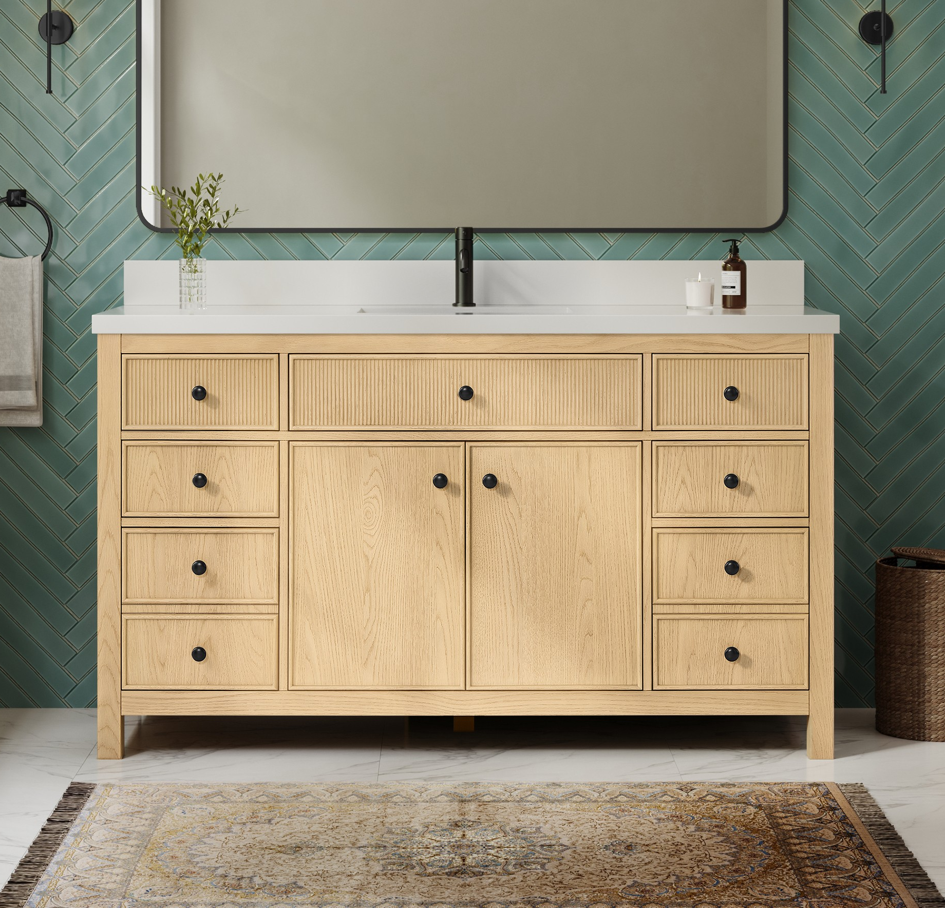 60" Single Bathroom Vanity in Scandinavian Oak, White Quartz Countertop, Undermount Square Sink (1-Hole), with Countertop Options and Hardware Option