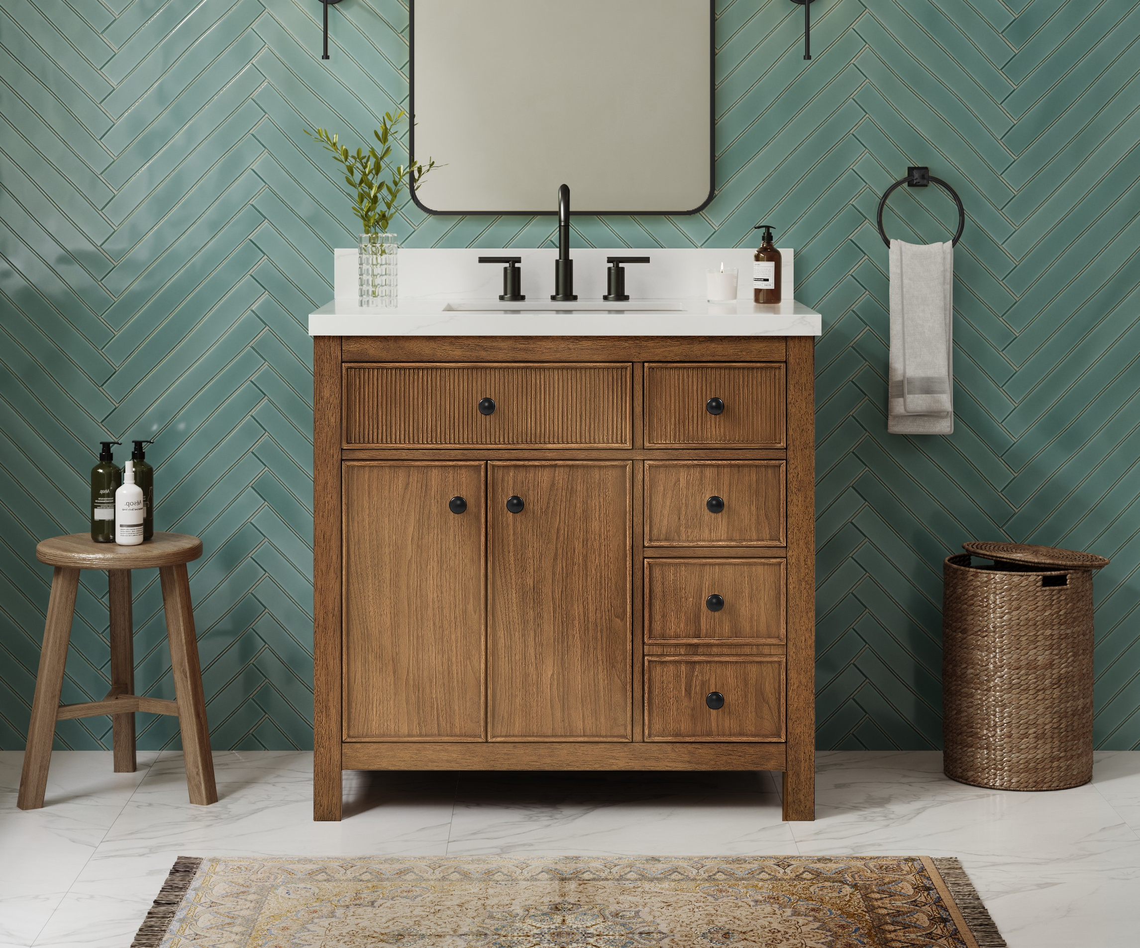 36" Single Bathroom Vanity in Toasted Walnut, Giotto Quartz Countertop, Undermount Square Sink (3-Hole), with Countertop Options and Hardware Option