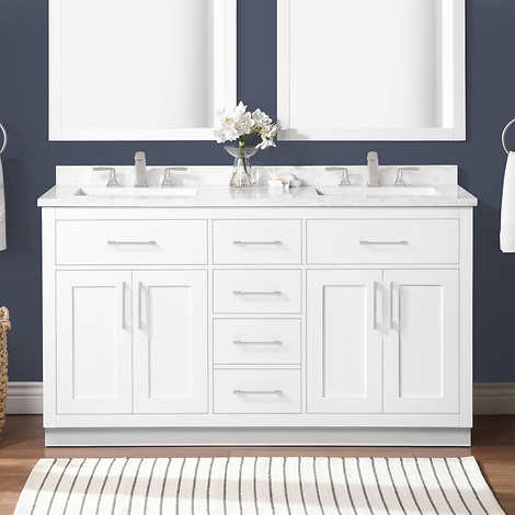 Issac Edwards Collection  60" Double Sink Bathroom Vanity in White Finish with White Engineered Stone Countertop