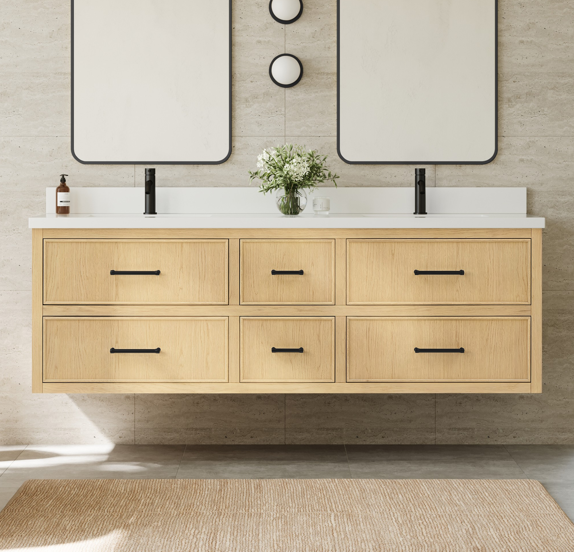 72" Double Wall Mounted Bathroom Vanity in Scandinavian Oak, Base only, Matte Black Trim with Countertop Options and Hardware Option