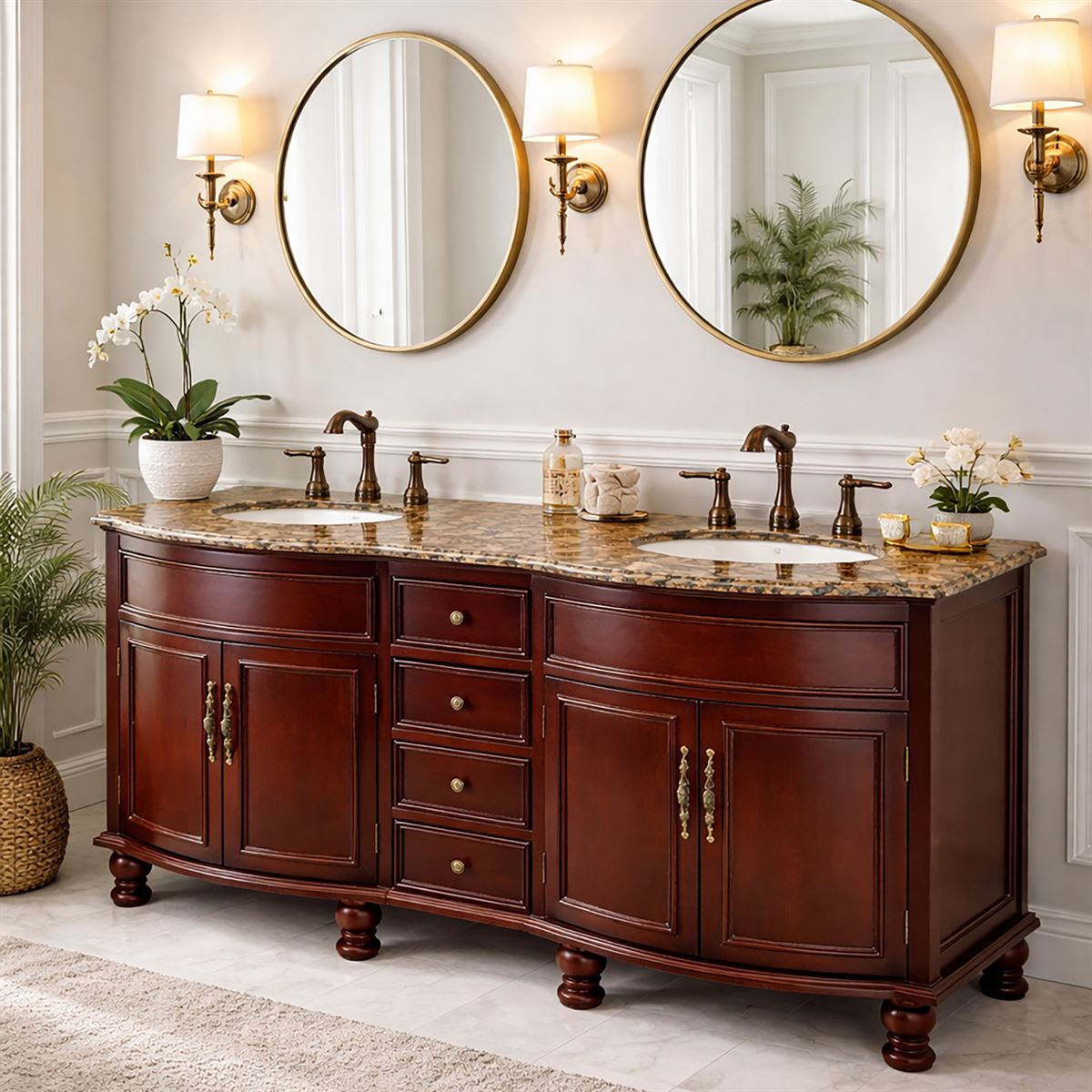Adelina 62" in Double Sink Vanity in Cherry Finish with Baltic Brown Granite Top