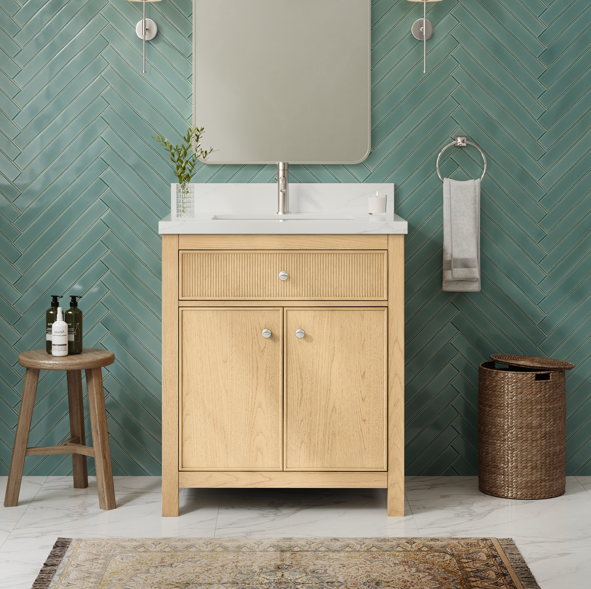 30" Single Bathroom Vanity in Scandinavian Oak, White Quartz Countertop, Undermount Square Sink (3-Hole), with Countertop Options and Hardware Options