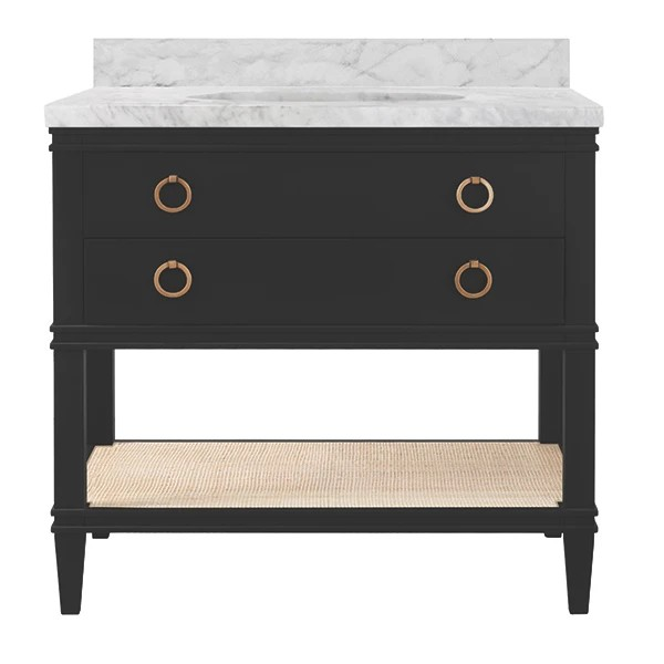 Issac Edwards 36.5" Bath Vanity in Matte Black Lacquer with Open Cane Shelf, Porcelain Sink and Antique Brass Ring Hardware