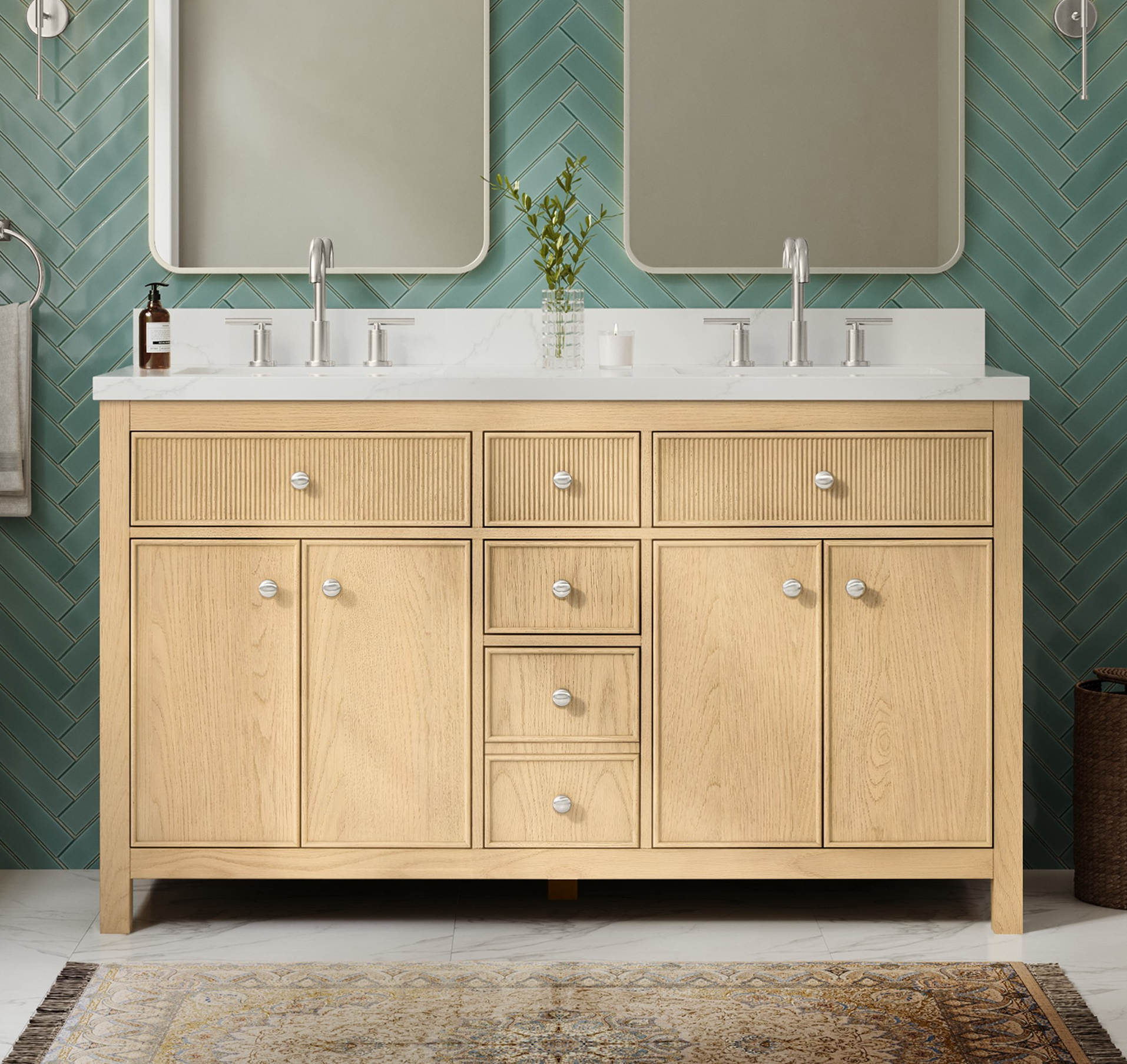 60" Double Bathroom Vanity in Scandinavian Oak, Giotto Quartz Countertop, Undermount Square Sinks (3-Hole), with Countertop Options and Hardware Option