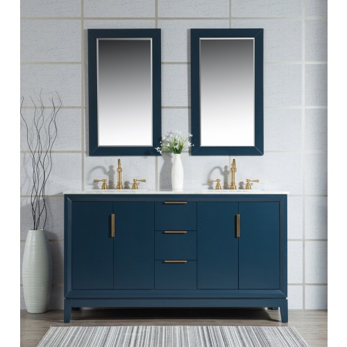 60" Double Sink Carrara White Marble Vanity In Monarch Blue