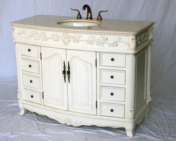 48" Adelina Antique Style Single Sink Bathroom Vanity in Antique White Finish with Beige Stone Countertop