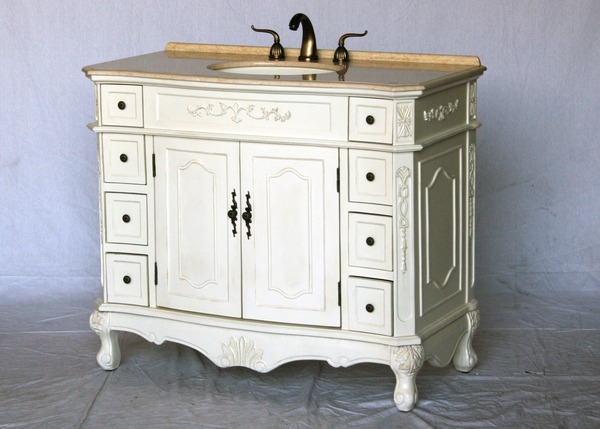 42" Adelina Antique Single Sink Bathroom Vanity Antique White Finish with Beige Stone Countertop