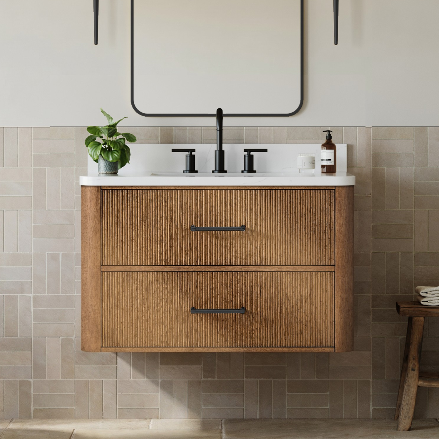 36" Single Wall Mounted Bathroom Vanity in Toasted Walnut, with Countertop Options and Hardware Option