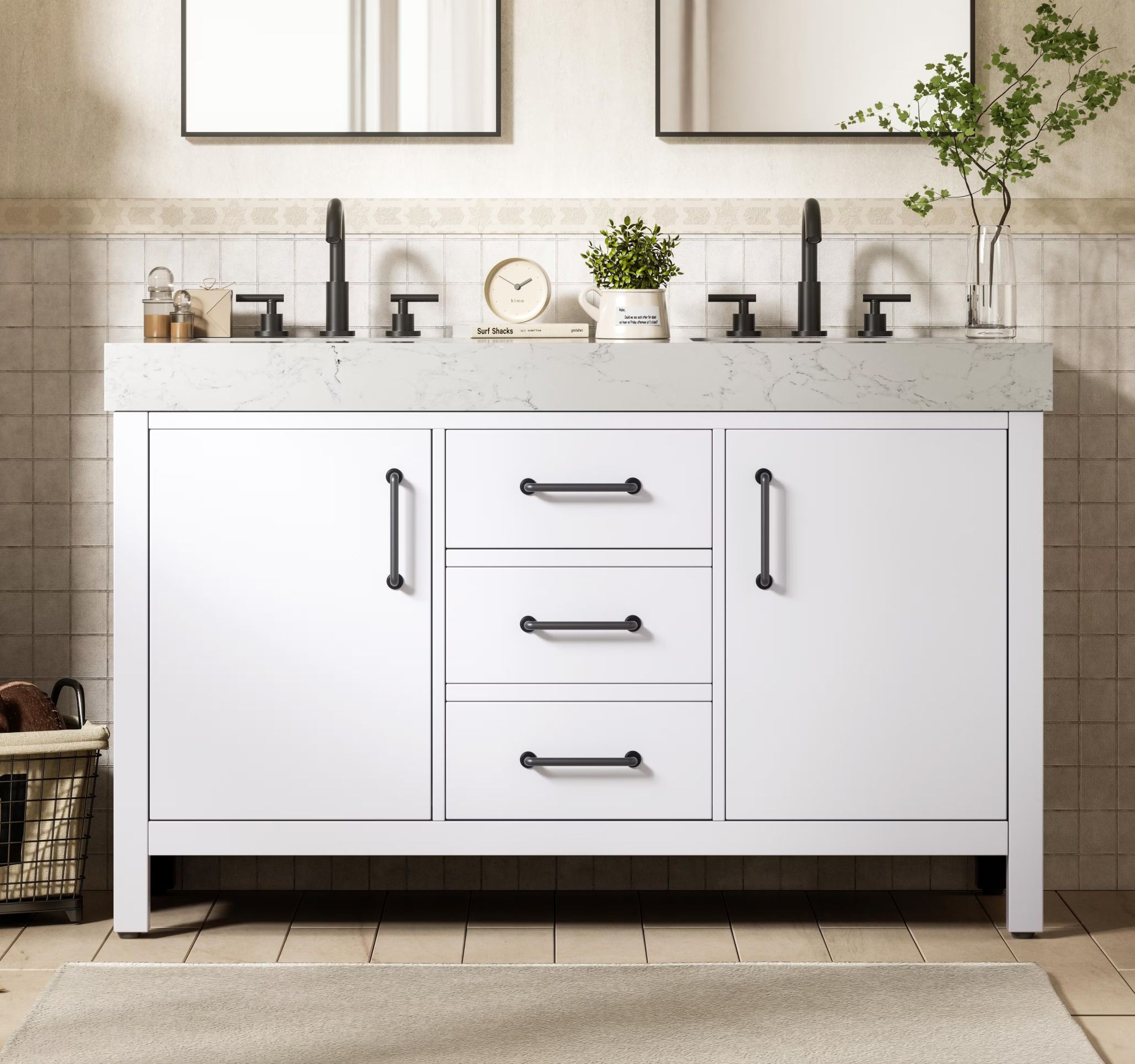 Modern Fitting 54" Transitional Double Bathroom Vanity in White with 4 Color Options