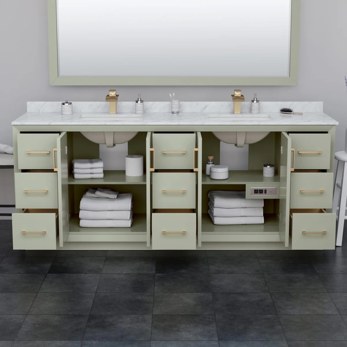 84" Transitional Double Vanity Base in Light Green, 3 Top Option, with 3 Hardware Options and Mirror Option