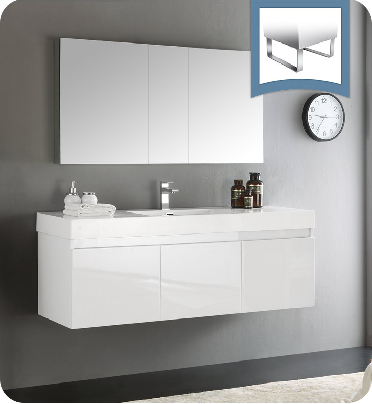 60" White Wall Hung Single Sink Modern Bathroom Vanity with Faucet, Medicine Cabinet and Linen Side Cabinet Option