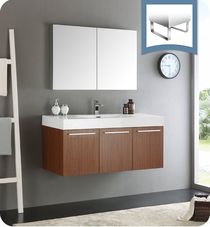 48" Teak Wall Hung Modern Bathroom Vanity with Faucet, Medicine Cabinet and Linen Side Cabinet Option