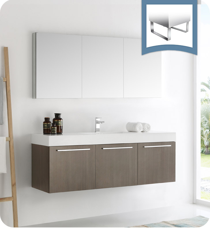 60" Gray Oak Wall Hung Modern Bathroom Vanity with Faucet, Medicine Cabinet and Linen Side Cabinet Option