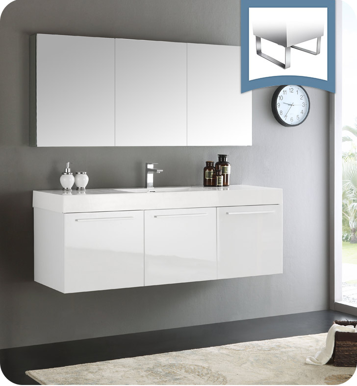 60" White Wall Hung Modern Bathroom Vanity with Faucet, Medicine Cabinet and Linen Side Cabinet Option