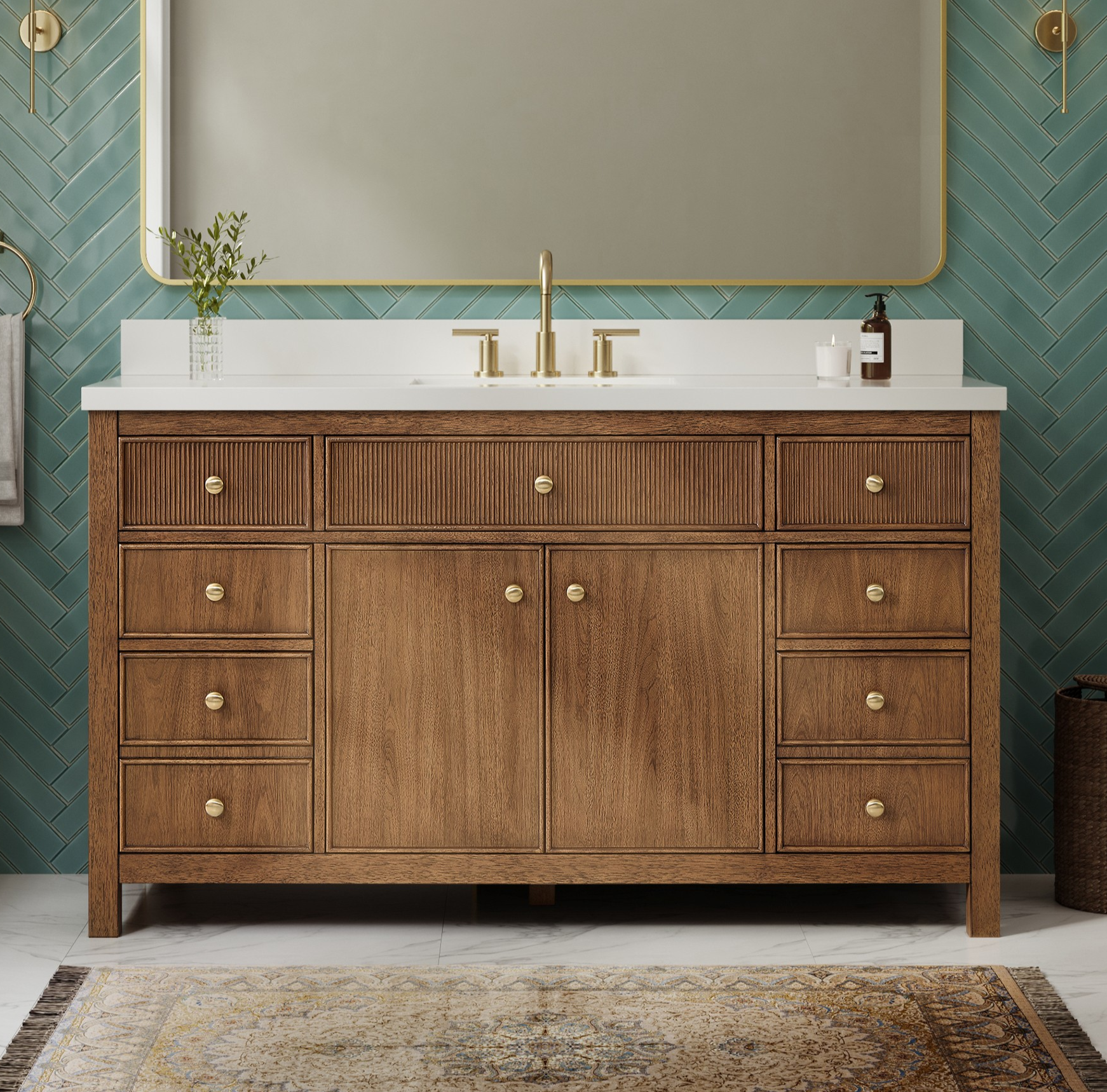 60" Single Bathroom Vanity in Toasted Walnut, White Quartz Countertop, Undermount Square Sink (3-Hole), with Countertop Options and Hardware Option