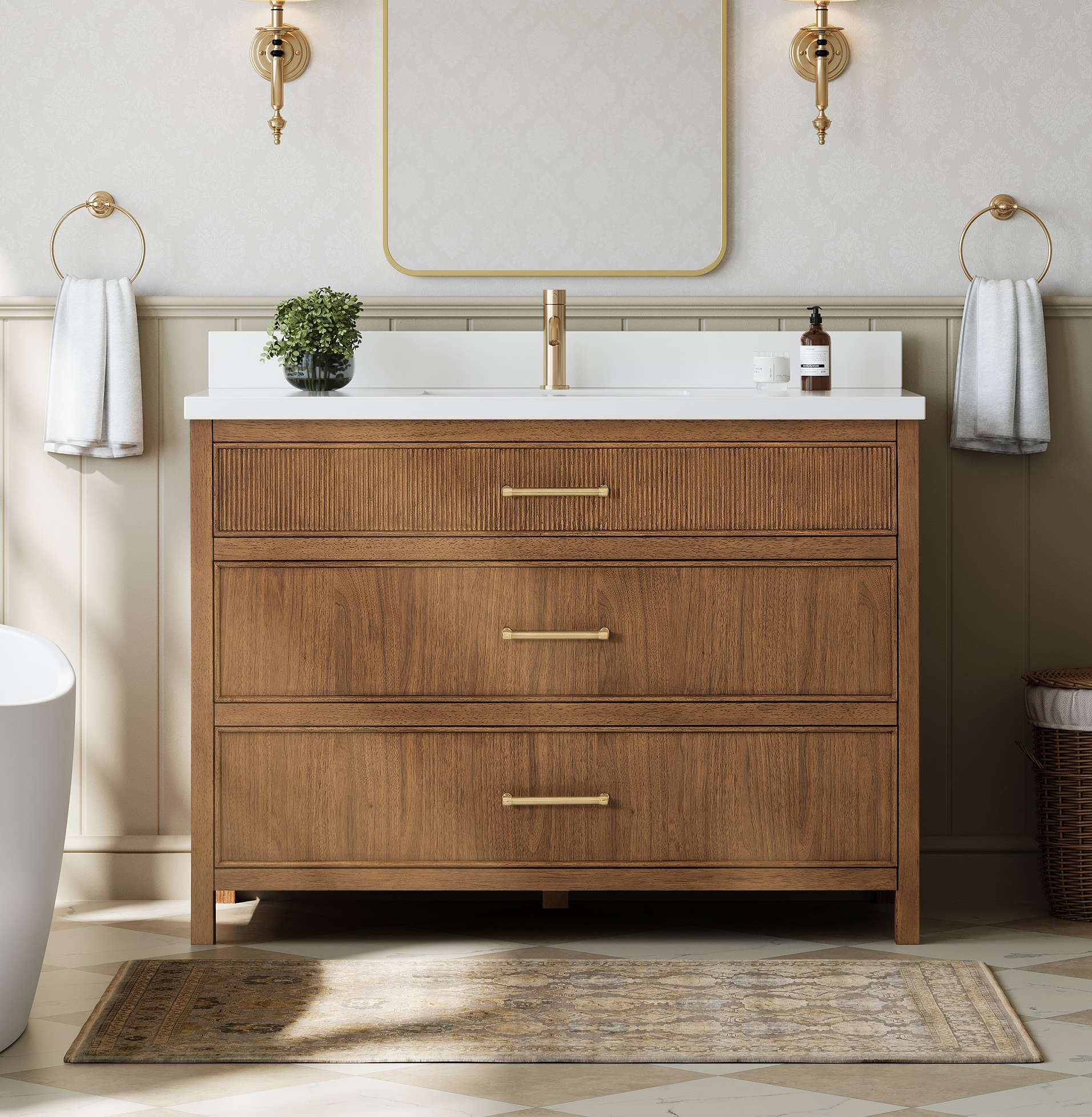 48" Single Bathroom Vanity in Toasted Walnut, Base only, Satin Bronze Trim with Countertop Options and Hardware Option