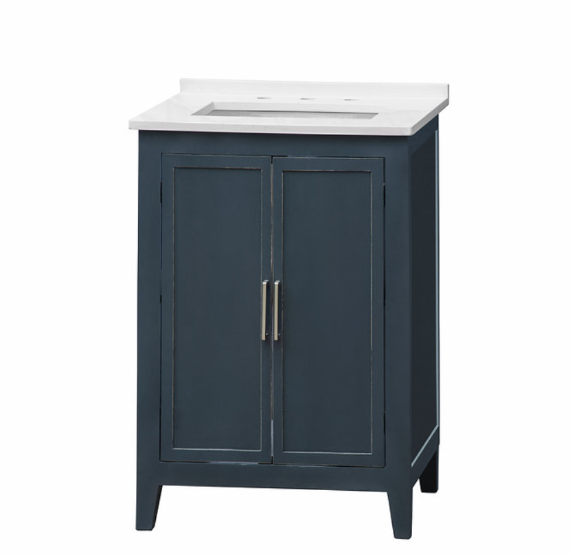 25" Single Sink White Quartz with Grey Veining Hale Navy Distressed Finish with Linen Tower Option