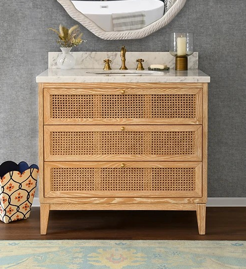 Issac Edwards 36.5" Bathroom Vanity in Cerused Oak with Cane Front Drawers, White and Grey Marble Top and Porcelain Sink 