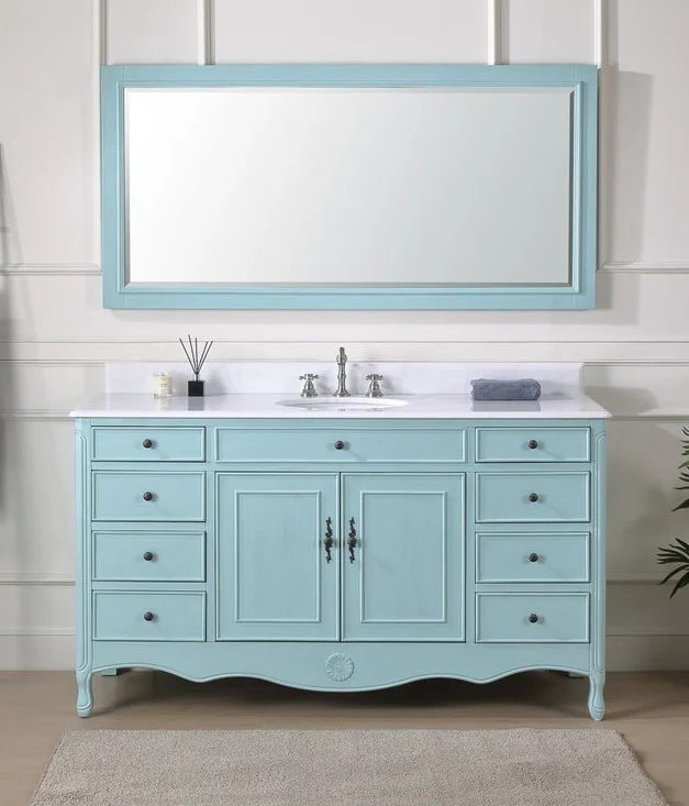 Adelina 60" Distressed Light Blue Single Sink Cottage Style Bathroom Vanity with Backsplash Option and Mirror Option