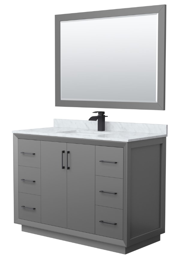 48" Transitional Single Vanity Base in Dark Grey, 3 Top Options, with 3 Hardware Options and Mirror Option