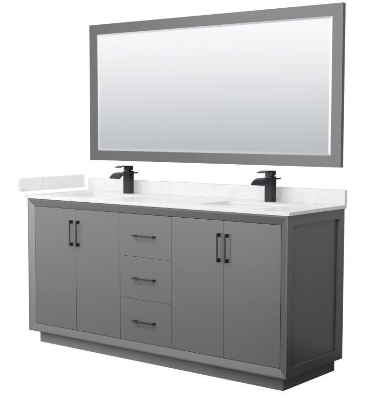 72" Transitional Double Vanity Base in Dark Grey, 3 Top Option, with 3 Hardware Options and Mirror Option
