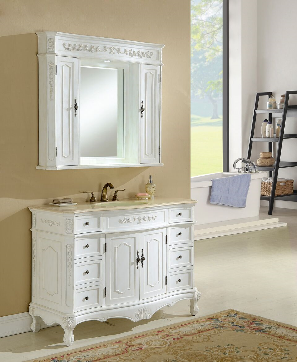 48" Antique White Vanity Finsh with Mirror, Med Cab, and Linen Cabinet Options