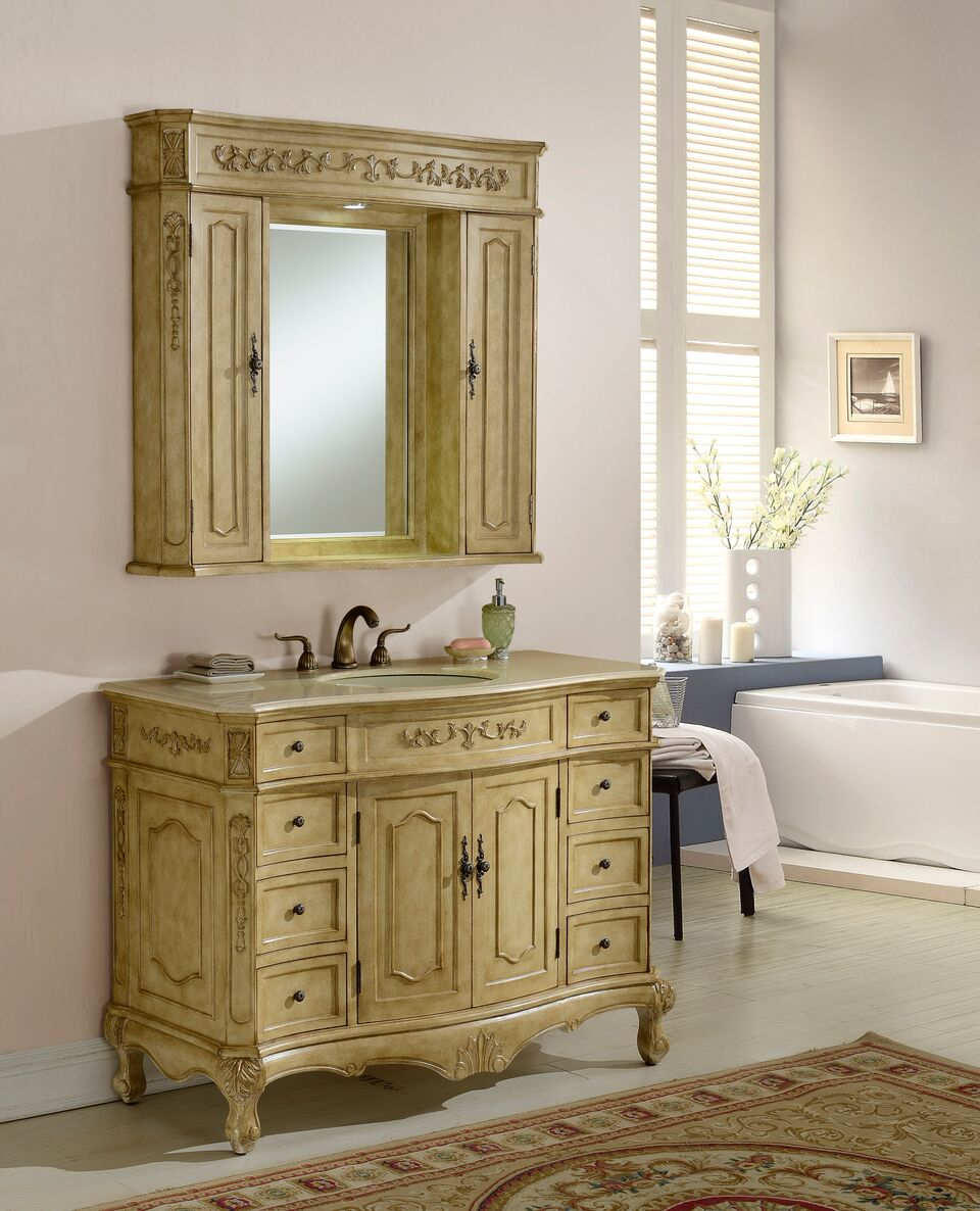 48" Antique Tan Vanity Finish with Mirror, Med Cab, and Linen Cab option 
