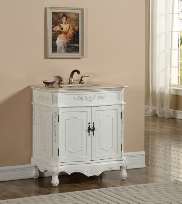 32" Antique White Finish Vanity with Mirror, Med Cab, and Linen Cabinet Options