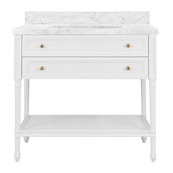 Issac Edwards 36.5" in Matte White Vanity with Cane Shelf and Brass Ball Hardware