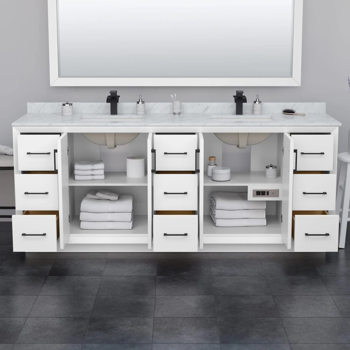 84" Transitional Double Vanity Base in White, 3 Top Option, with 3 Hardware Options and Mirror Option