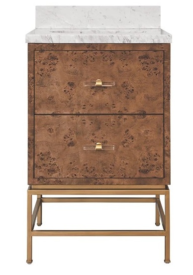 Issac Edwards 24" Two Drawer Bathroom Vanity in Matte Dark Burl Wood with Antique Brass Metal Frame and Acrylic and Brass Hardware