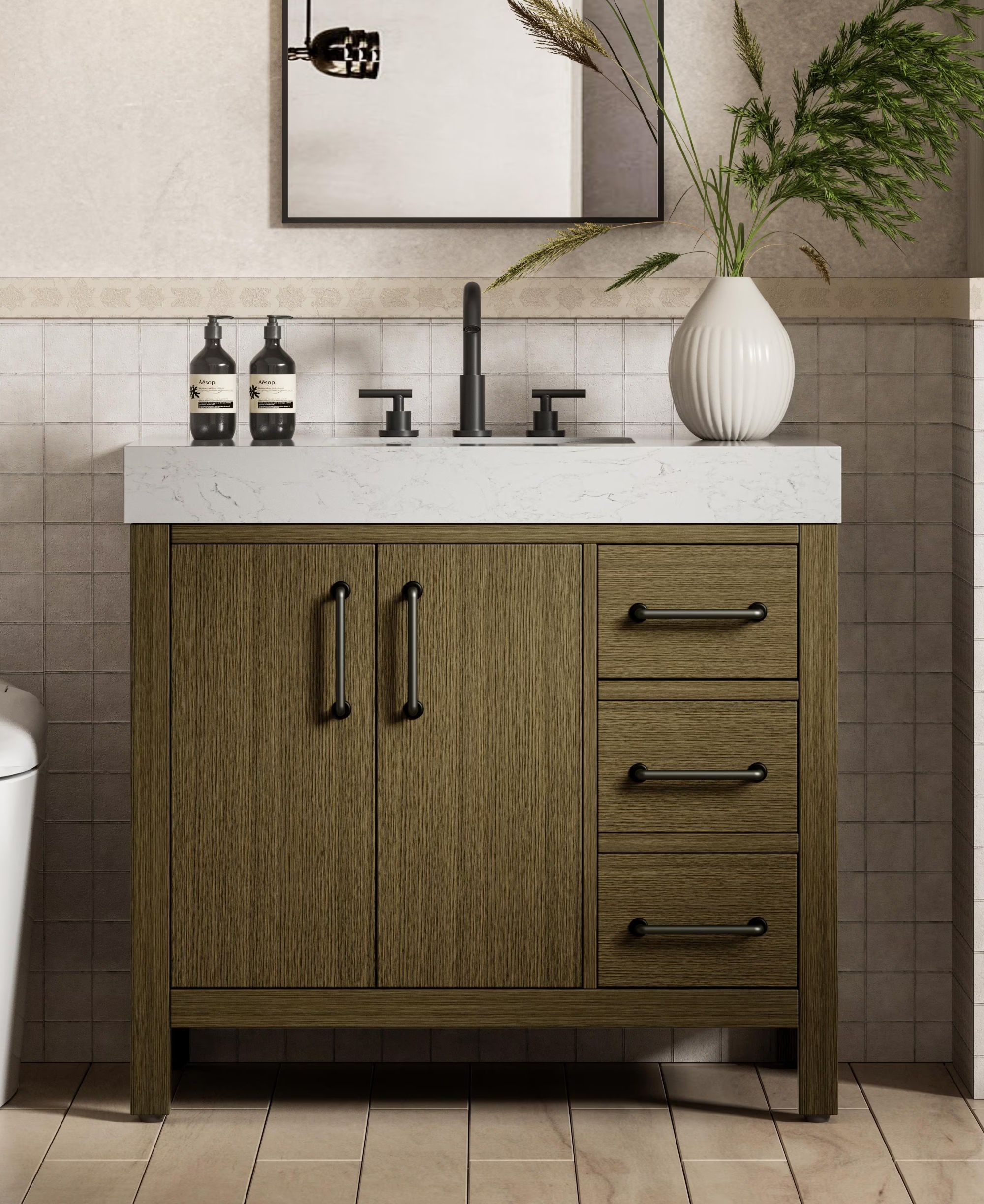 Modern Fitting 36" Bathroom Vanity in Honey Brown with 4 Color Options and Backsplash Option