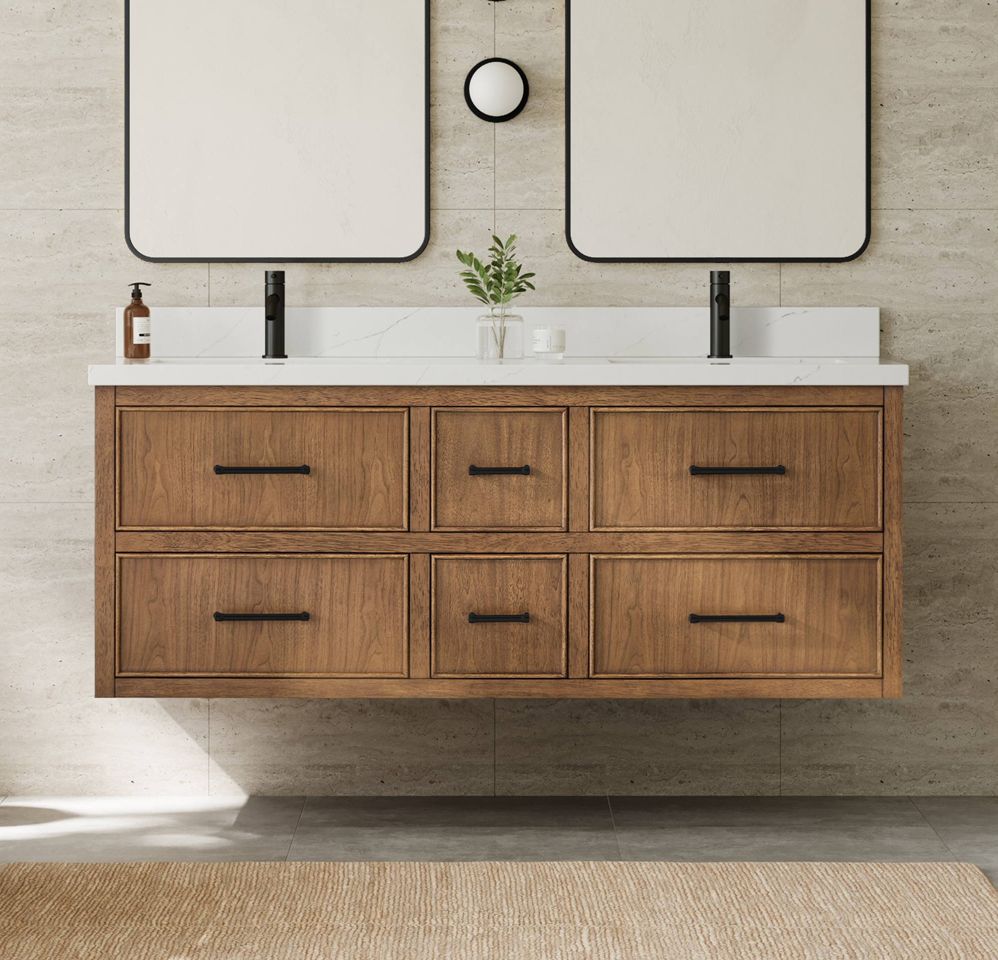 60" Double Wall Mounted Bathroom Vanity in Toasted Walnut, Base only, Satin Bronze Trim with Countertop Options and Hardware Option