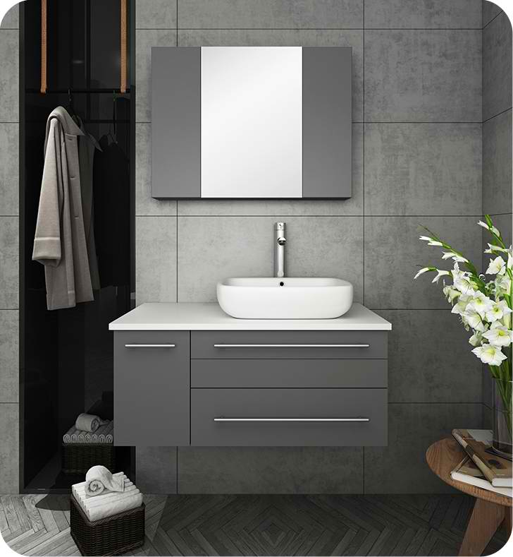 36" Gray Wall Hung Vessel Sink Modern Bathroom Vanity with Medicine Cabinet - Left Version