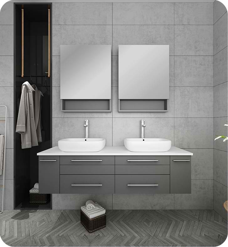 60" Gray Wall Hung Double Vessel Sink Modern Bathroom Vanity with Medicine Cabinets
