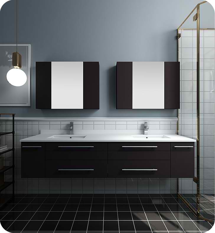 72" Espresso Wall Hung Double Undermount Sink Modern Bathroom Vanity with Medicine Cabinets