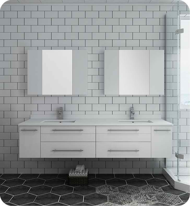 72" White Wall Hung Double Undermount Sink Modern Bathroom Vanity with Medicine Cabinets