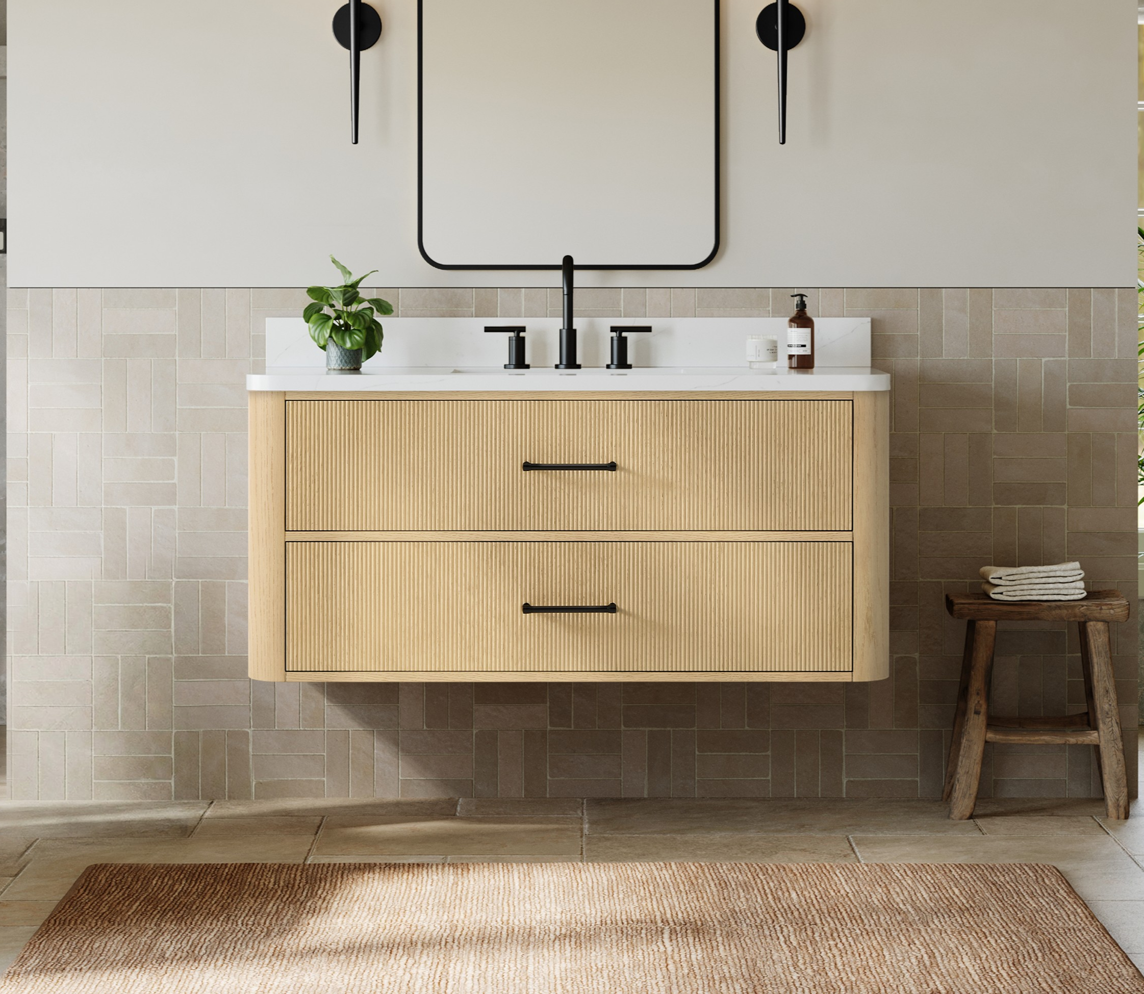 48" Single Wall Mounted Bathroom Vanity in Scandinavian Oak, with Countertop Options, Matte Black Trim and with Hardware Option