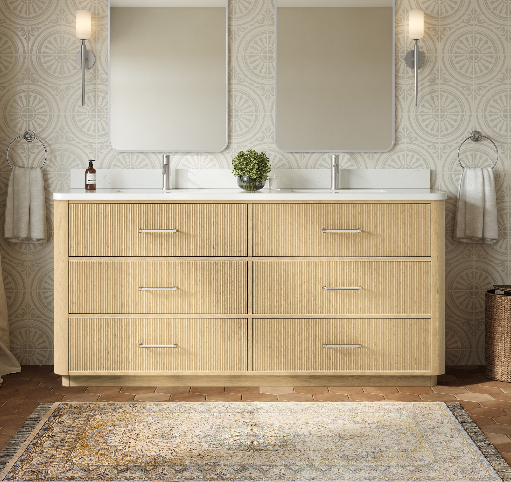 72" Double Bathroom Vanity in Scandinavian Oak, with Countertop Options and Hardware Options