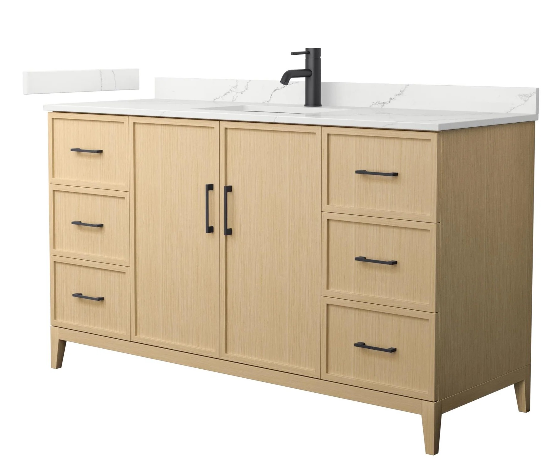 60" Transitional Single Vanity Base in White Oak, 7 Top Options with 2 Hardware Option
