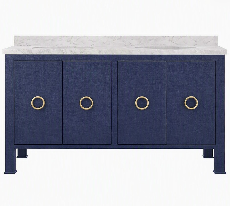 Issac Edwards 60" Bath Vanity in Textured Navy Linen with Antique Brass Hardware, White Marble Top and Double Porcelain Sinks