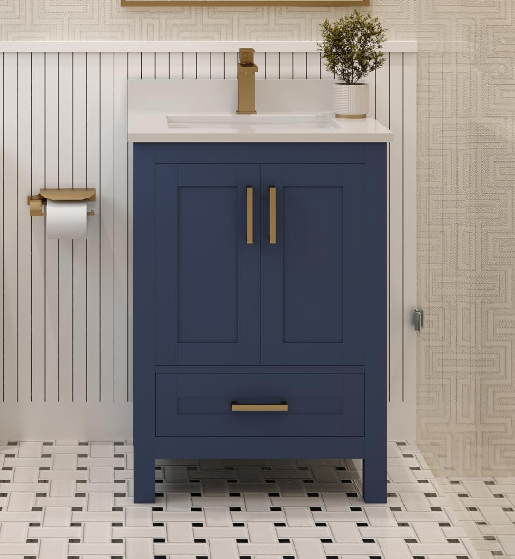LV 24" Transitional Bath Vanity in Navy Blue with 3 Hardware Options, Base Only, and Top Option