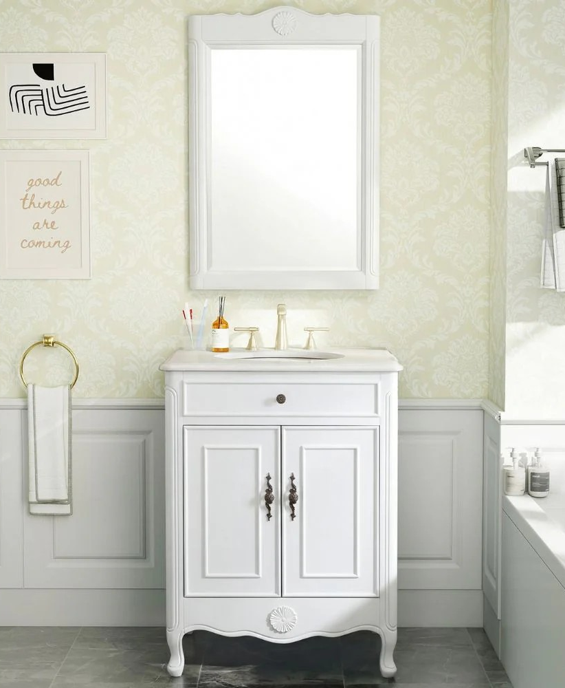 26" Adelina Distressed White Cottage Style Small Bathroom Sink Vanity with Backsplash Option and Mirror Option