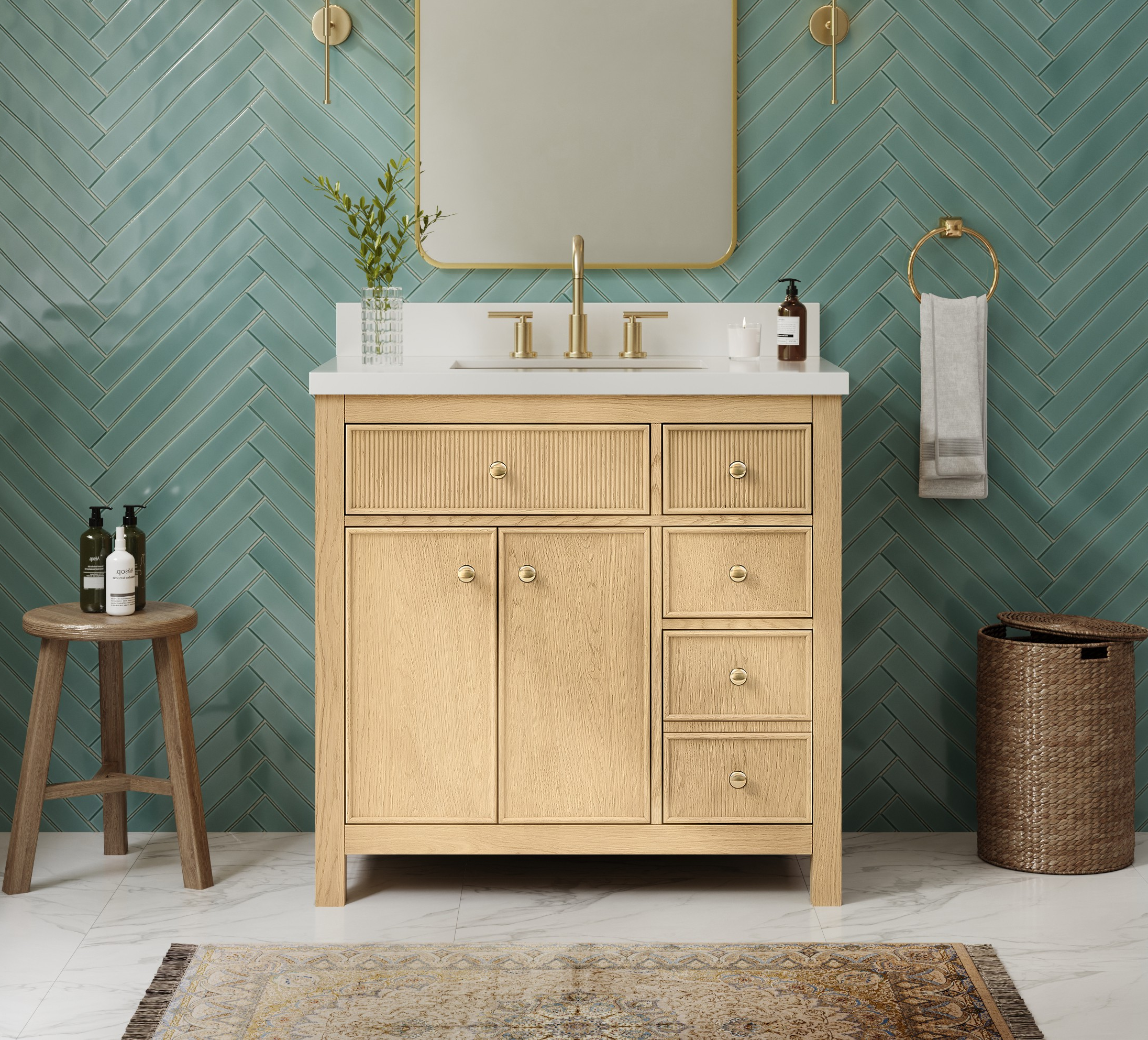 36" Single Bathroom Vanity in Scandinavian Oak, White Quartz Countertop, Undermount Square Sink (3-Hole), with Countertop Options and Hardware Option