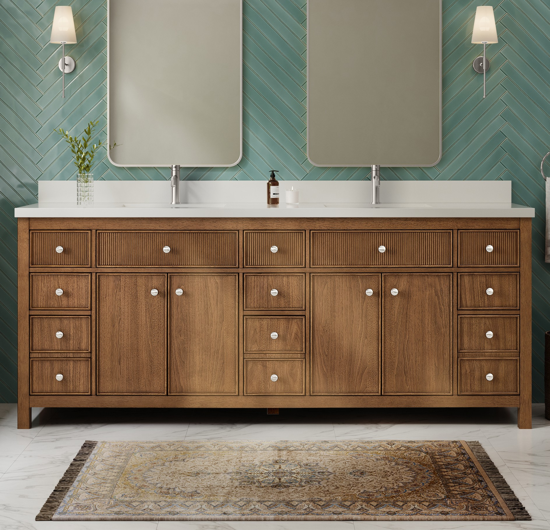84" Double Bathroom Vanity in Toasted Walnut, Base only, Brushed Nickel Trim with Countertop Options and Hardware Options