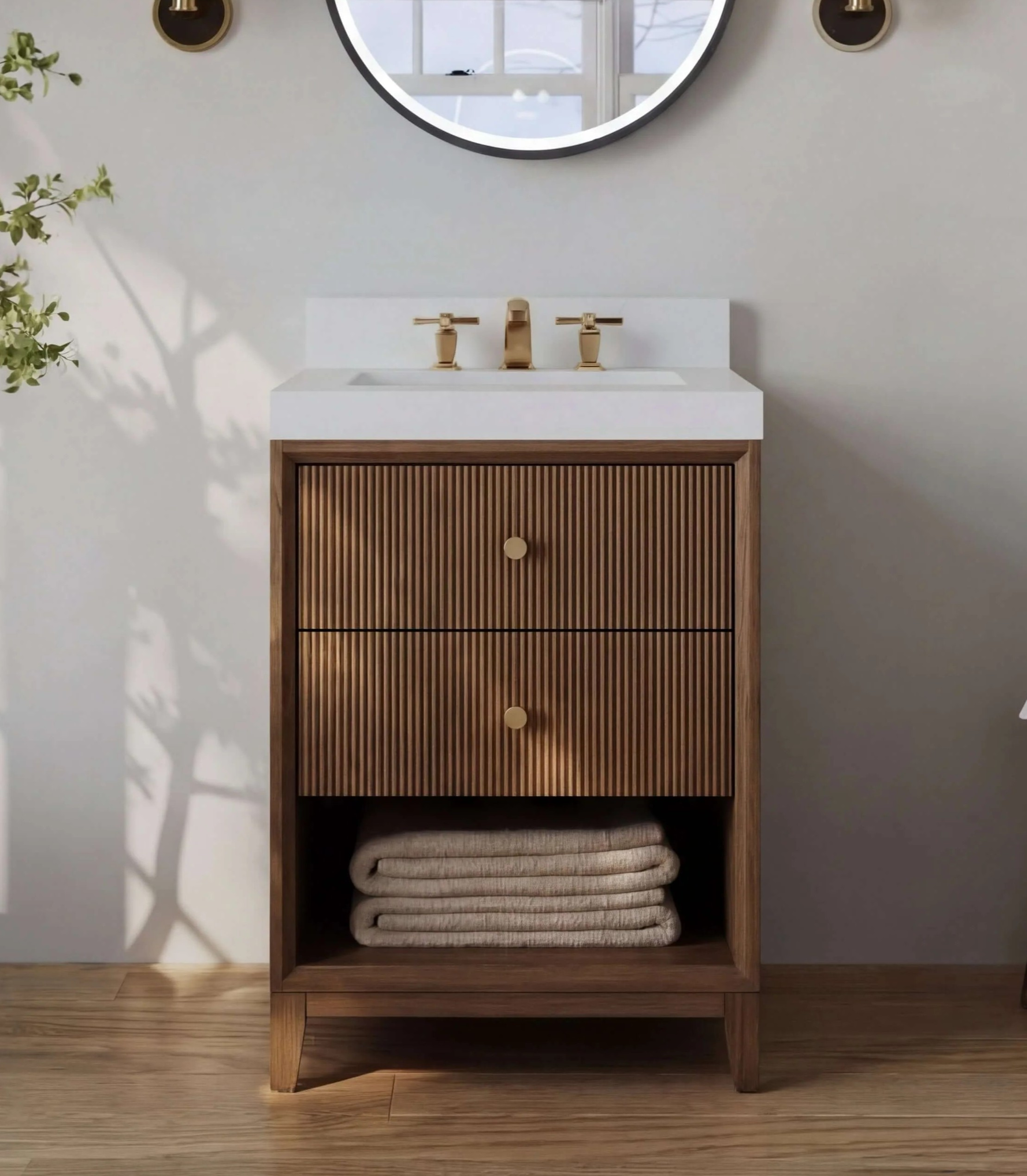 30" Bath Vanity Set in Chestnut Oak Finish with Alpine White Quartz Top